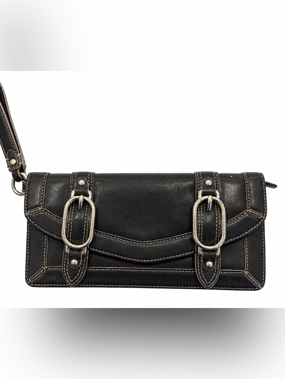 Cole Haan Black Leather Clutch with Silver Buckle Accents Y2K Style